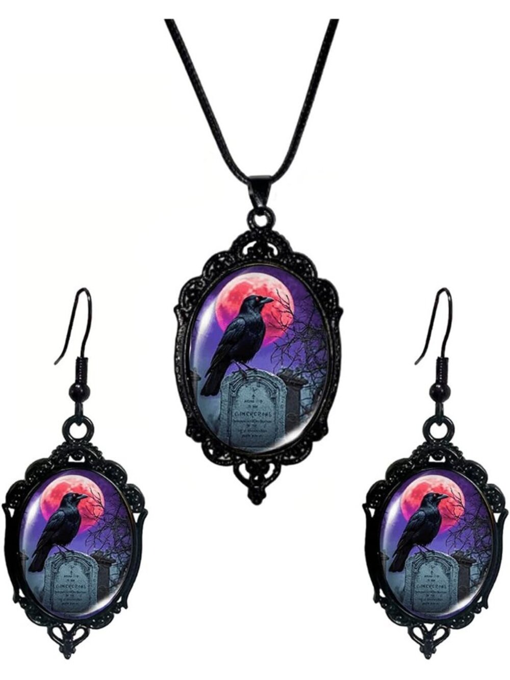 Vintage Gothic Raven Bat Witch Jewelry Set Cameo Necklace Earrings- A6:Raven